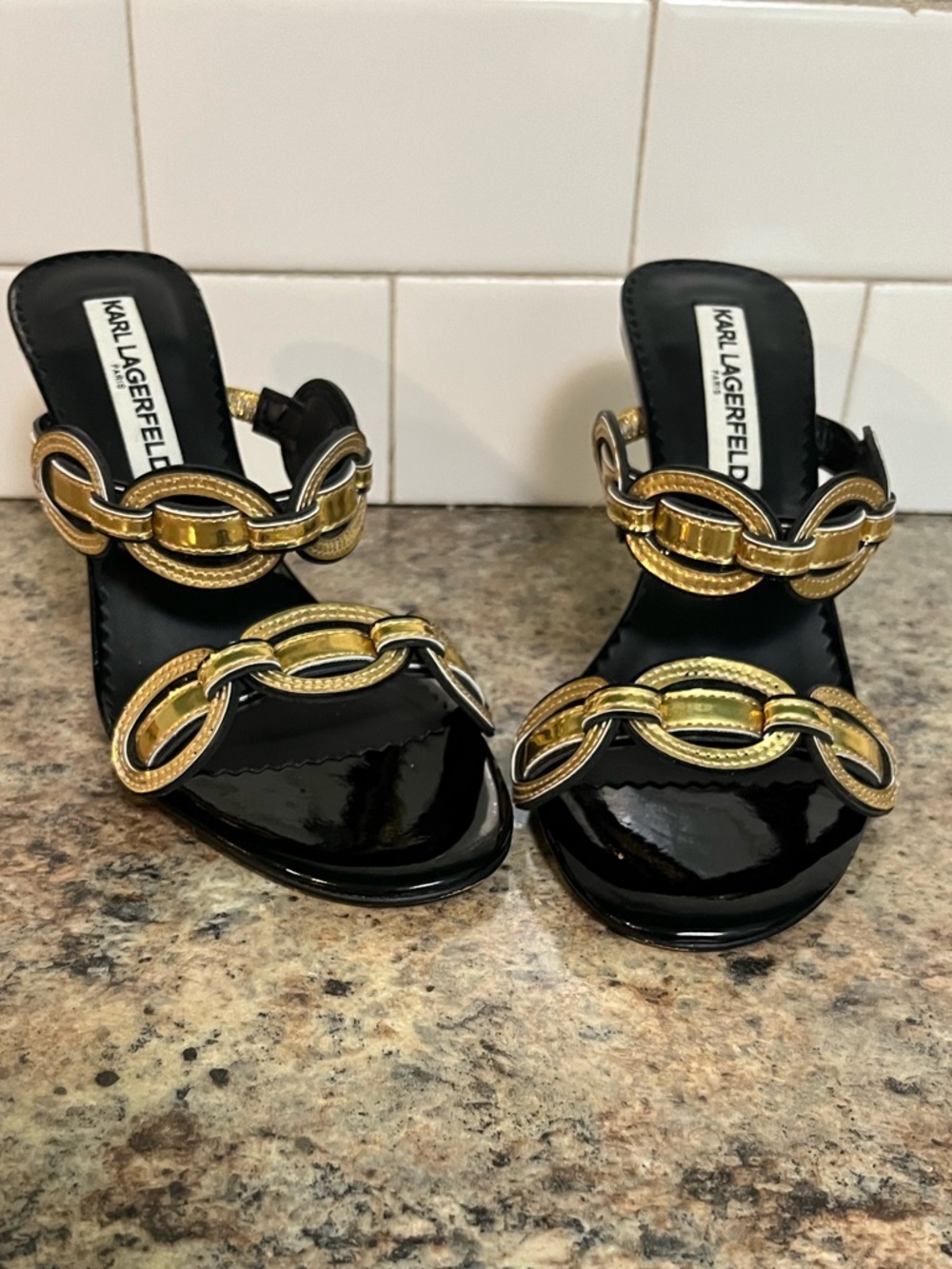 Karl Lagerfeld Black Patent Slide heeled Sandals with Gold Chain Trim